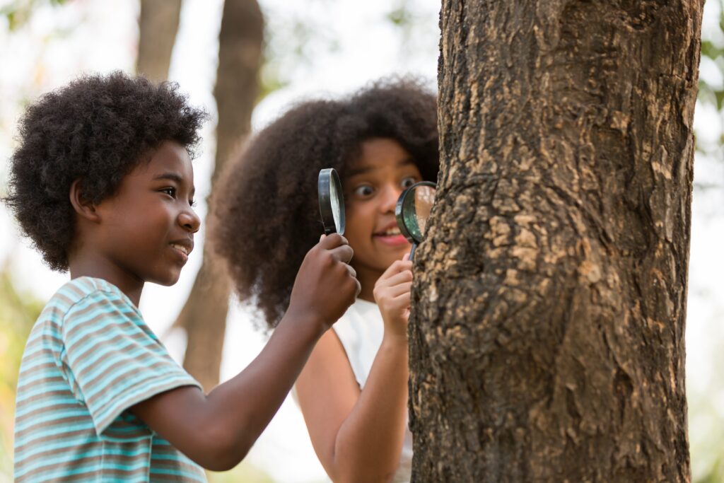 A boy and girl looking at a tree in wonder using magnifying glasses. 