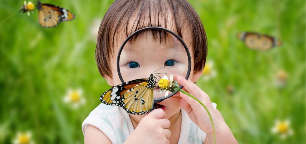 A young child looking at a butterfly through a magnifying glass. 